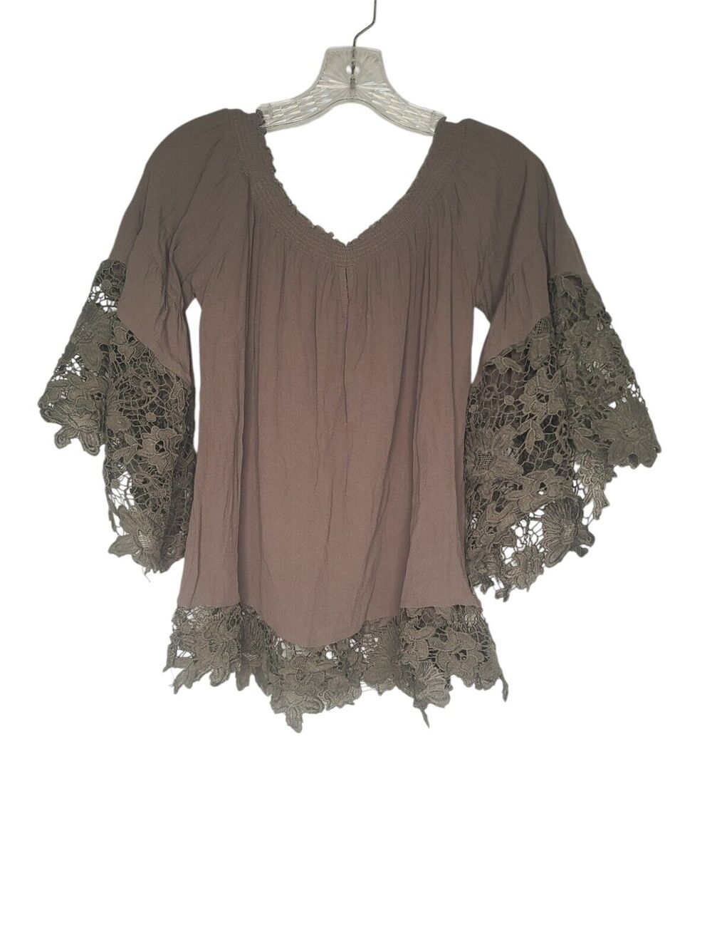 Muche Muchette Gray Crochet Bell Sleeve Off Shoulder Blouse S/M Boho Cottagecore